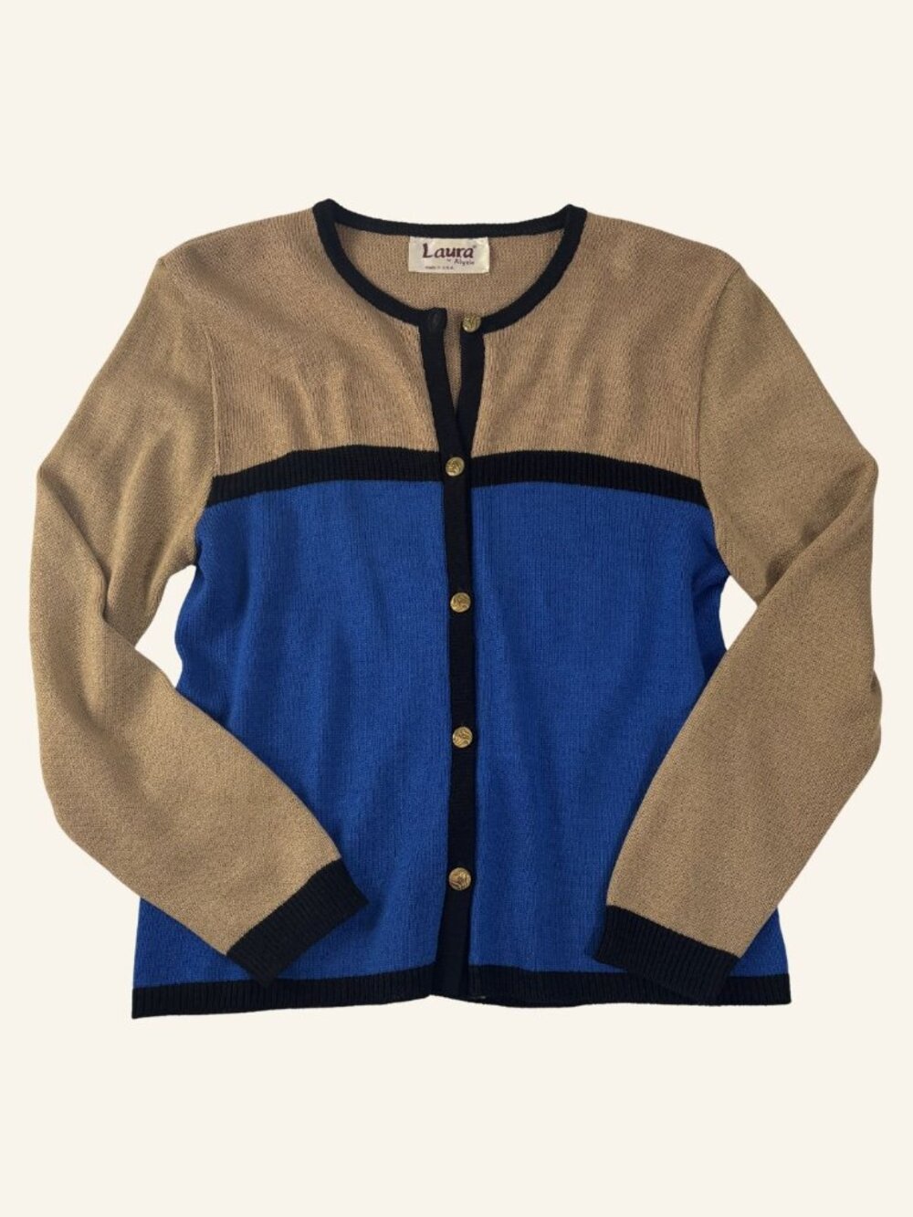 Vintage Laura by Alyzia Colorblock Cardigan | Gold Buttons | Made in USA | 80s